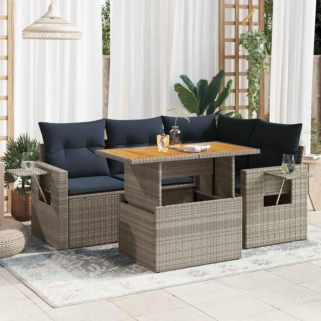 5 Pcs conjunto sofás de jardim c/ almofadões vime PE cinzento