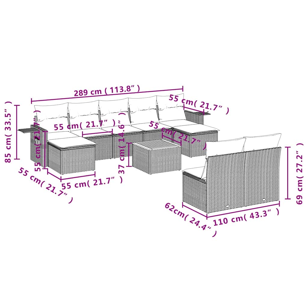 10 Pcs conjunto sofás de jardim c/ almofadões vime PE cinzento