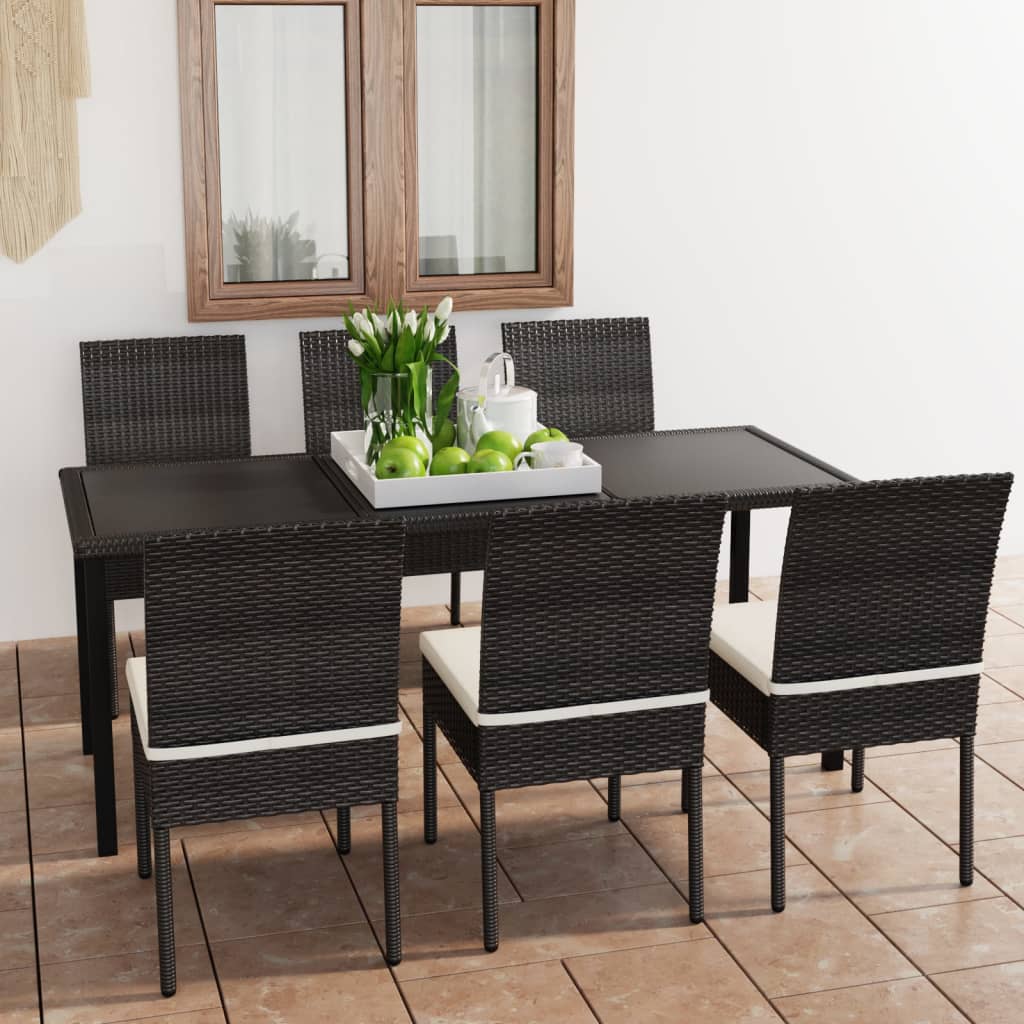 7 Pcs conjunto de jantar para jardim vime PE preto