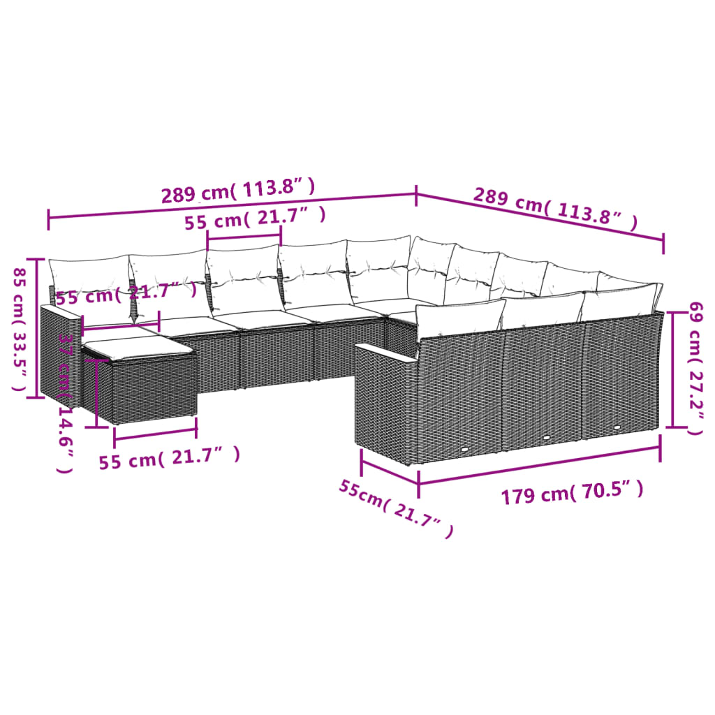12 Pcs conjunto de sofás jardim c/ almofadões vime PE cinzento