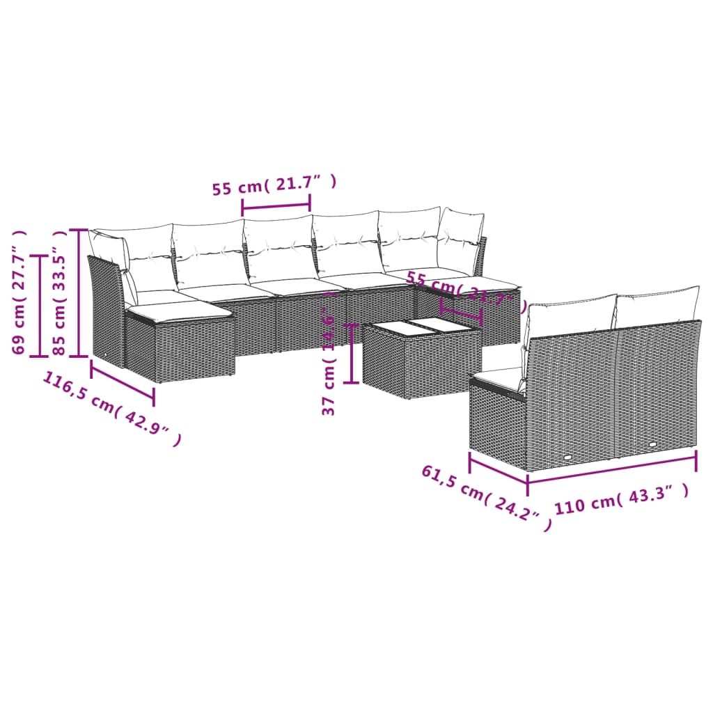 10 Pcs conjunto sofás de jardim c/ almofadões vime PE preto