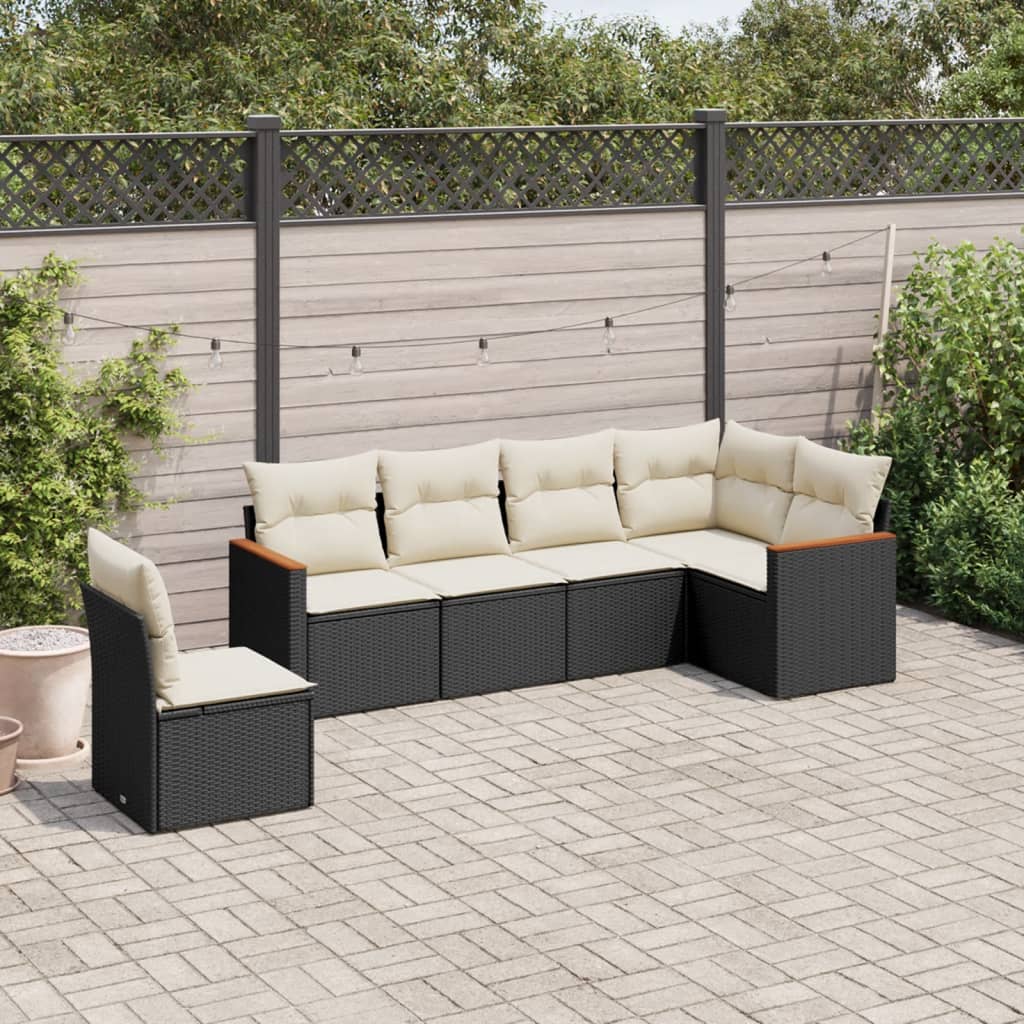 6 Pcs conjunto sofás de jardim c/ almofadões vime PE preto