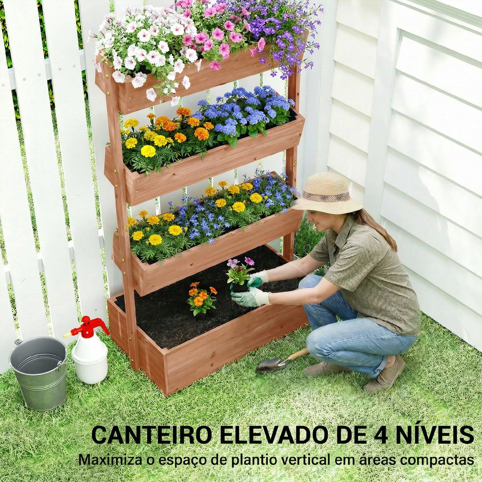Canteiro de madeira de 4 níveis canteiro elevado exterior com orifícios de drenagem tecido não tecido castanho