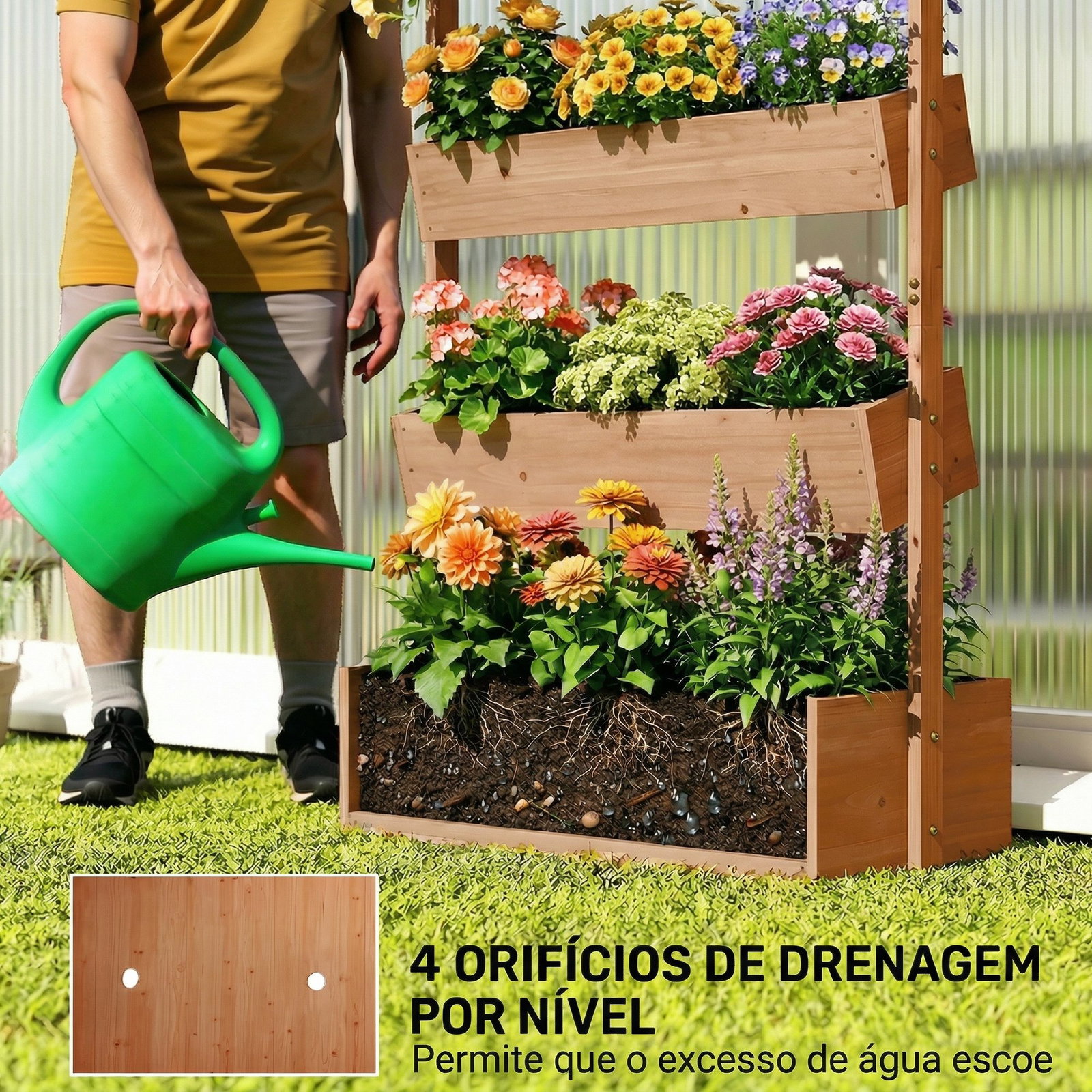 Canteiro de madeira de 4 níveis canteiro elevado exterior com orifícios de drenagem tecido não tecido castanho