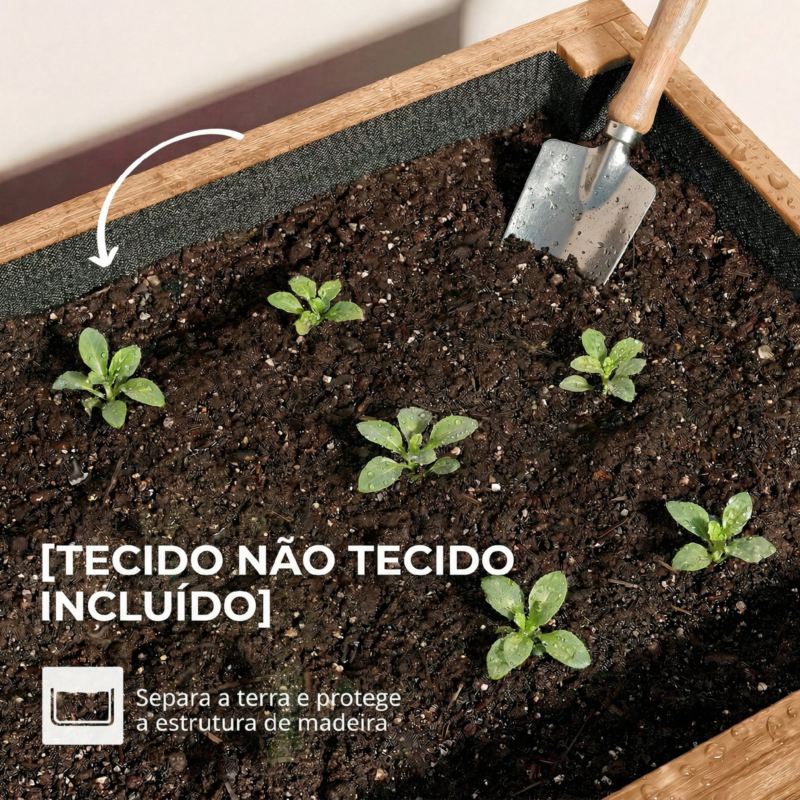 Canteiro de madeira de 4 níveis canteiro elevado exterior com orifícios de drenagem tecido não tecido castanho