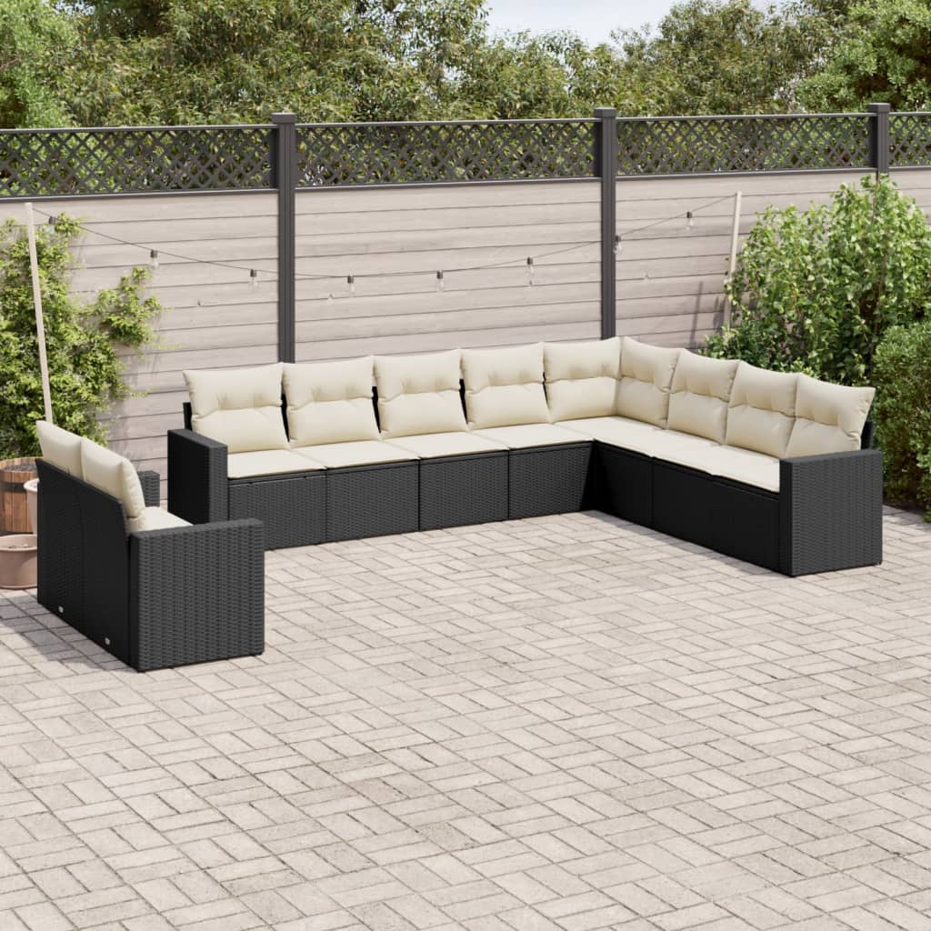 10 Pcs conjunto sofás de jardim c/ almofadões vime PE preto
