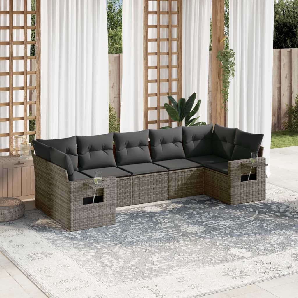7 Pcs conjunto sofás p/ jardim c/ almofadões vime PE cinzento