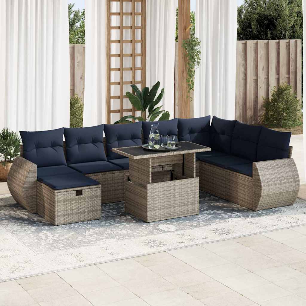 9 Pcs conj. sofás jardim c/ almofadões vime PE/acácia castanho