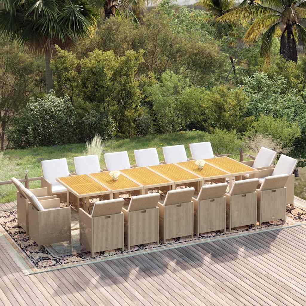 17 Pcs conjunto jantar p/ jardim c/ almofadões vime PE bege