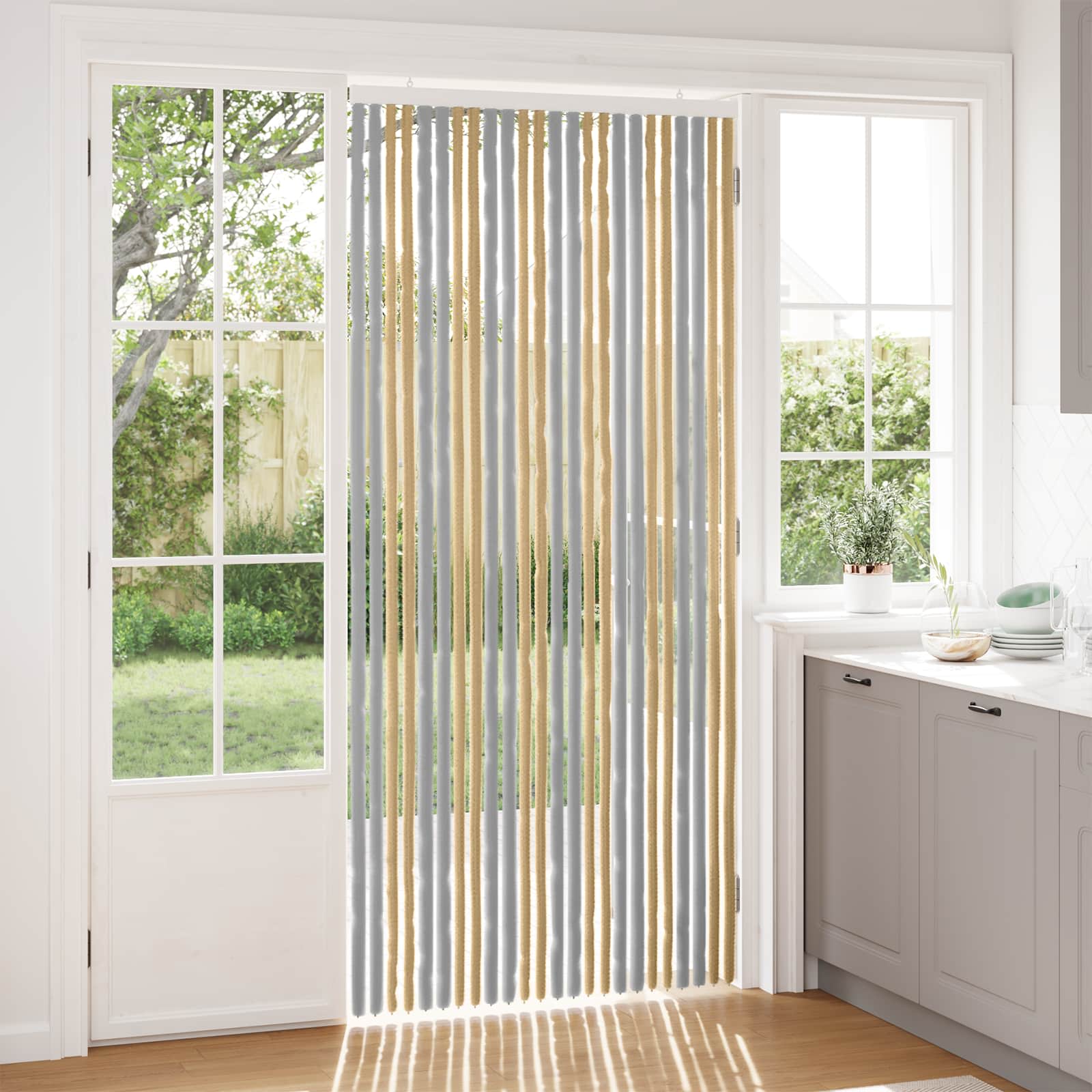 Cortina de insetos chenille cinza e bege 100 x 220 cm 100% PP