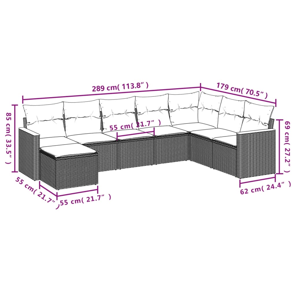 8 Pcs conjunto de sofás p/ jardim com almofadões vime PE bege