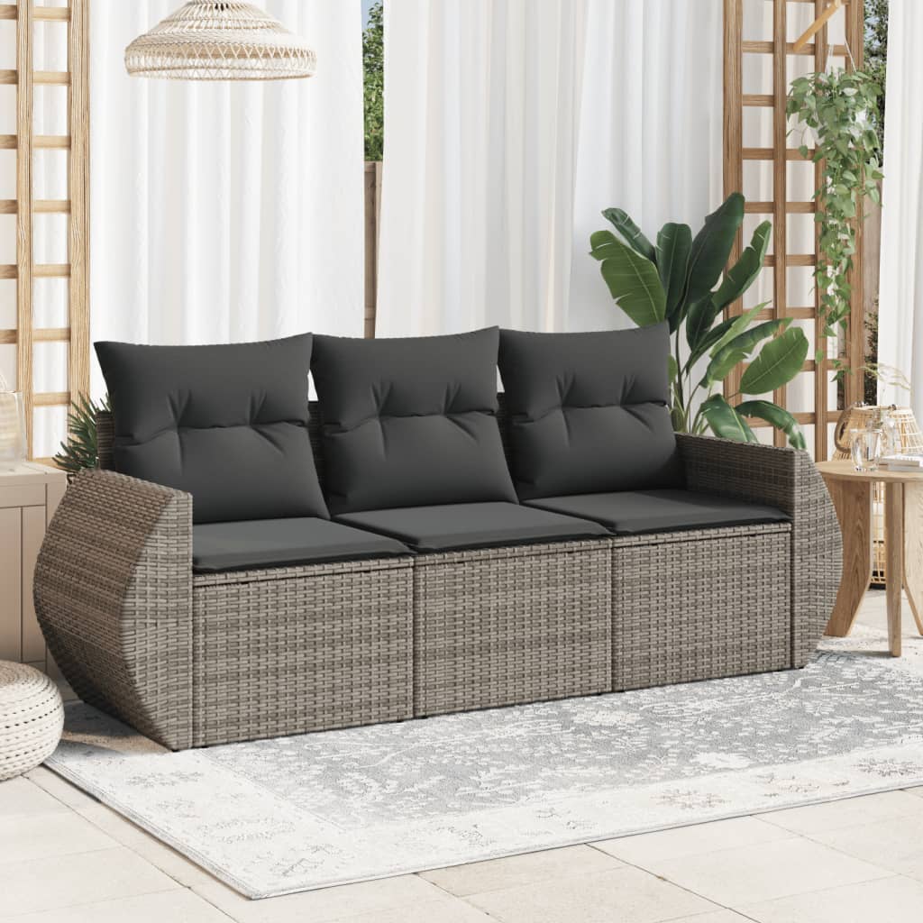 3 Pcs conjunto sofás de jardim c/ almofadões vime PE cinzento