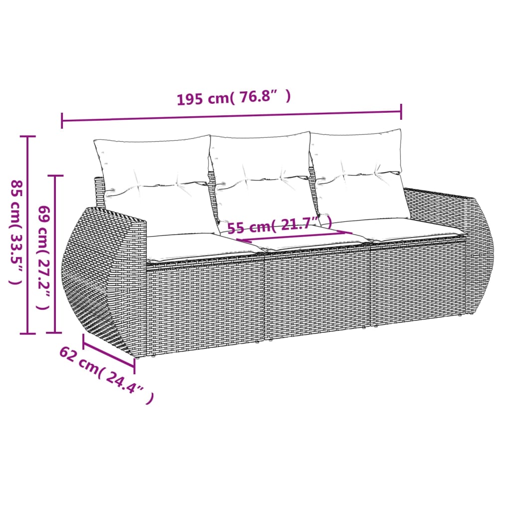 3 Pcs conjunto sofás de jardim c/ almofadões vime PE cinzento