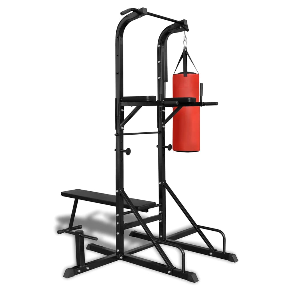 Aparelho exercício com paralelas, banco reto e saco de boxe