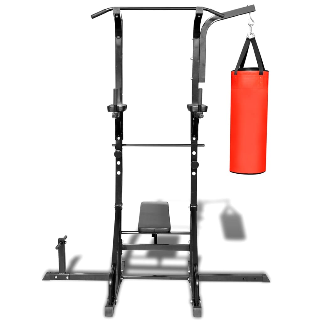 Aparelho exercício com paralelas, banco reto e saco de boxe