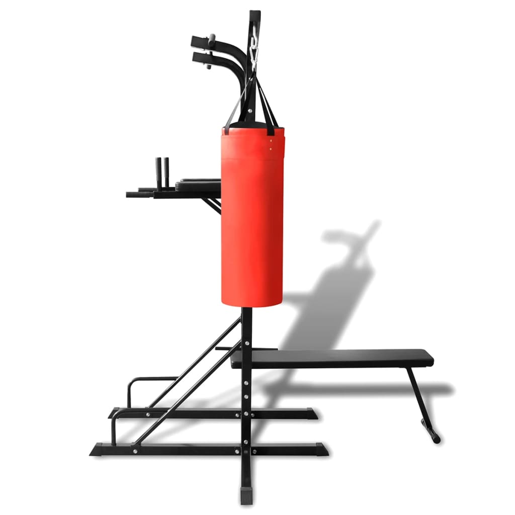 Aparelho exercício com paralelas, banco reto e saco de boxe