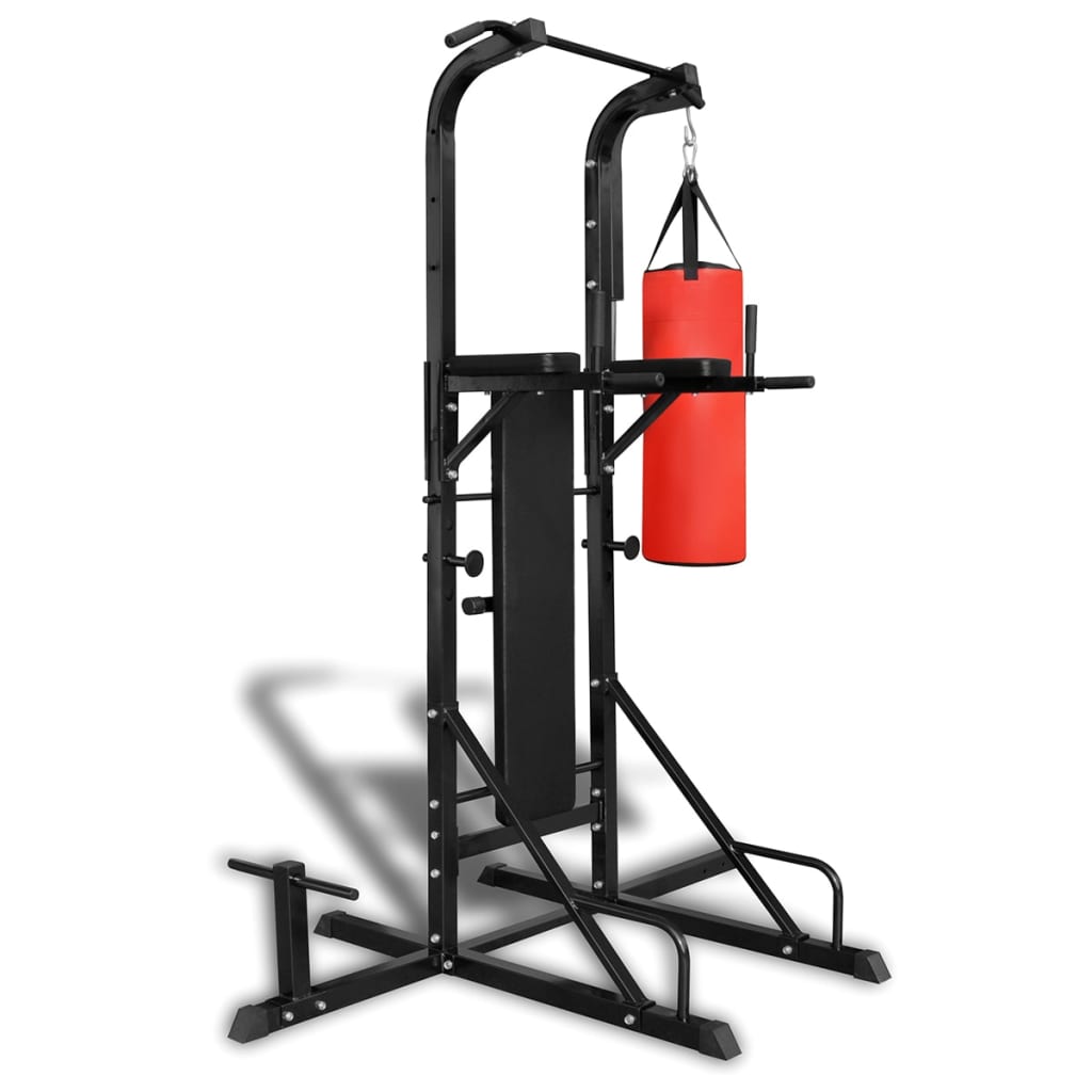 Aparelho exercício com paralelas, banco reto e saco de boxe