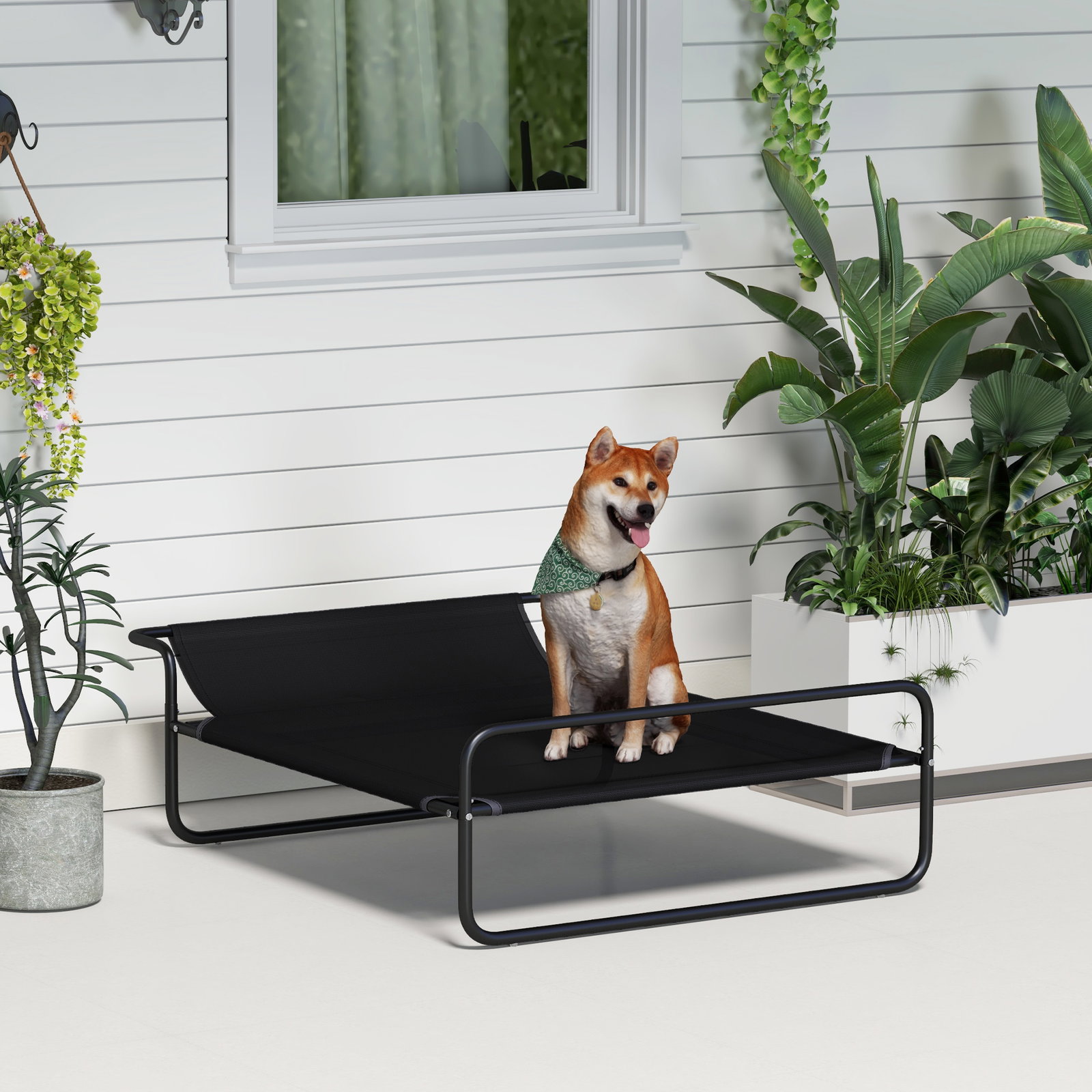 Cama elevada para cães respirável para cães pequenos 106x81x33 cm tecido de textilene encosto inclinável estrutur
