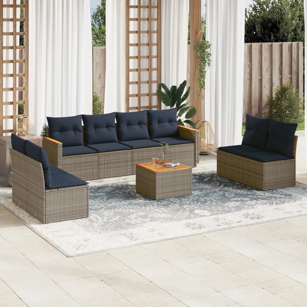 Conjunto de sofá de jardim de 9 peças com almofadas em rattan sintético cinza