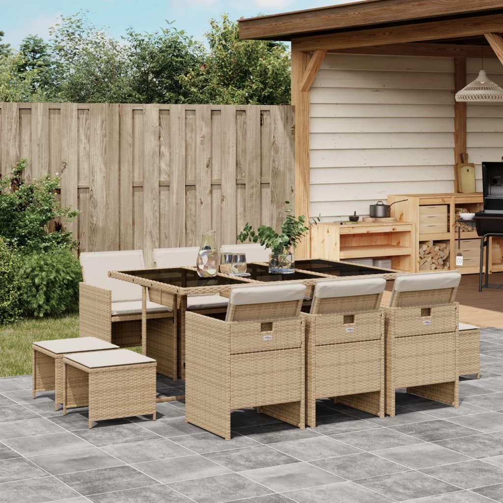 11 Pcs conjunto de jantar p/ jardim com almofadões vime PE bege