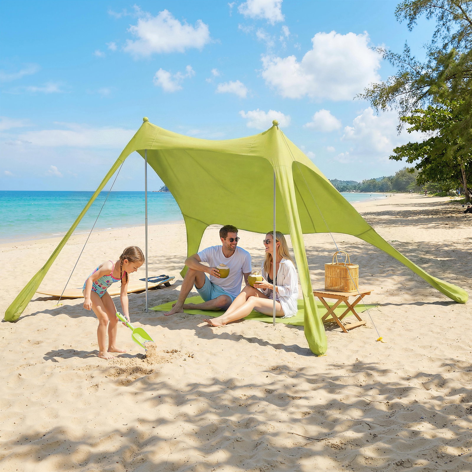 Tenda de praia dobrável com tapete upf50+ postes de alumínio pá estacas e bolsa de transporte 208x200 cm verde