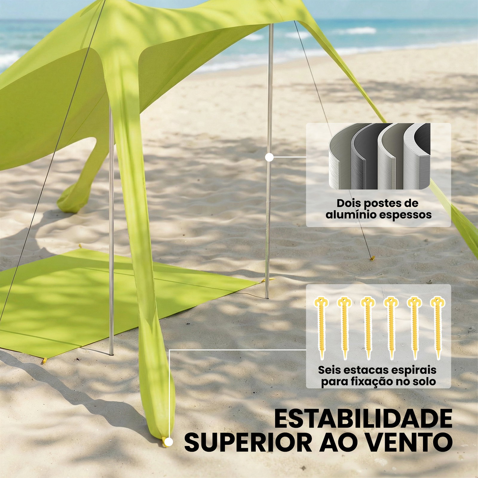 Tenda de praia dobrável com tapete upf50+ postes de alumínio pá estacas e bolsa de transporte 208x200 cm verde