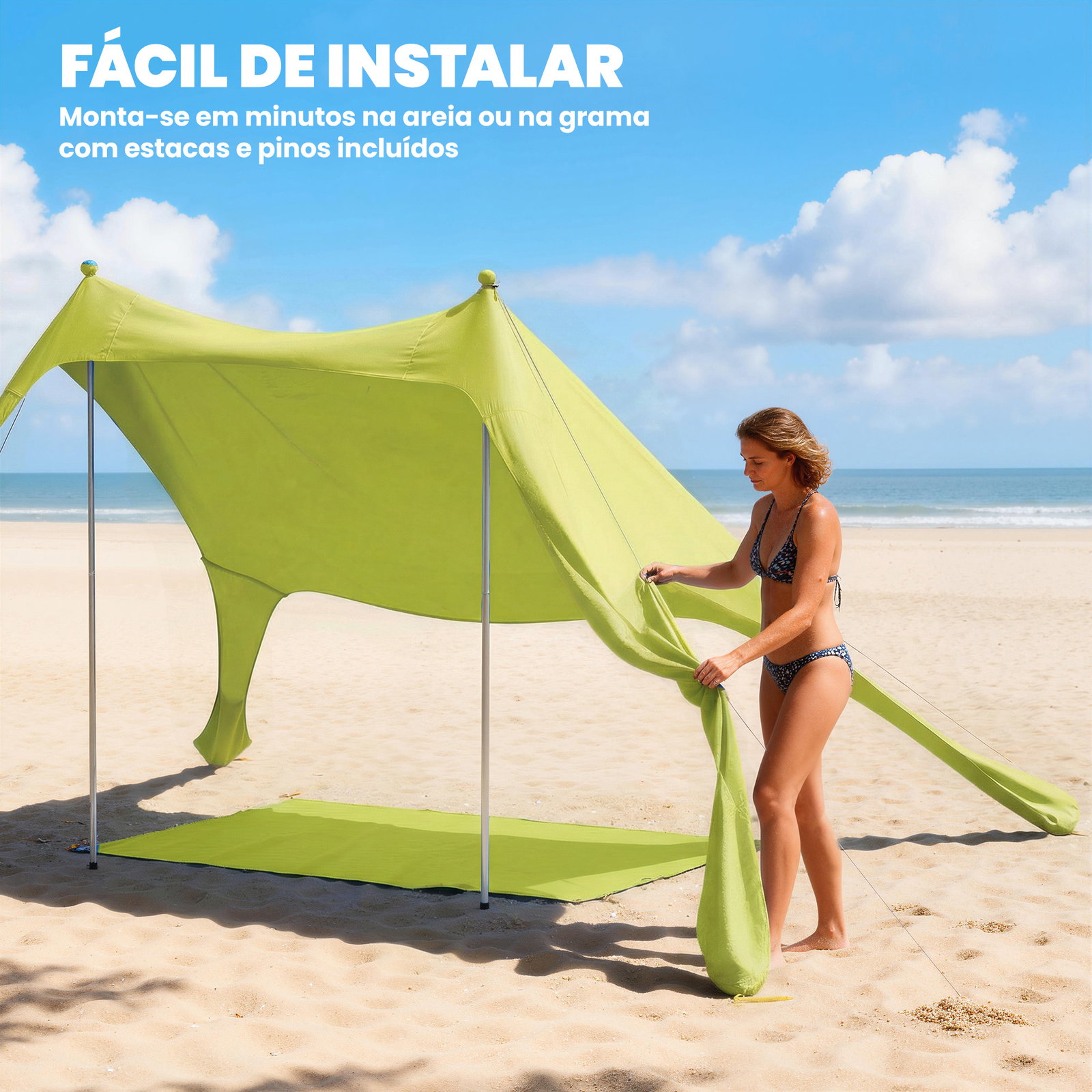 Tenda de praia dobrável com tapete upf50+ postes de alumínio pá estacas e bolsa de transporte 208x200 cm verde