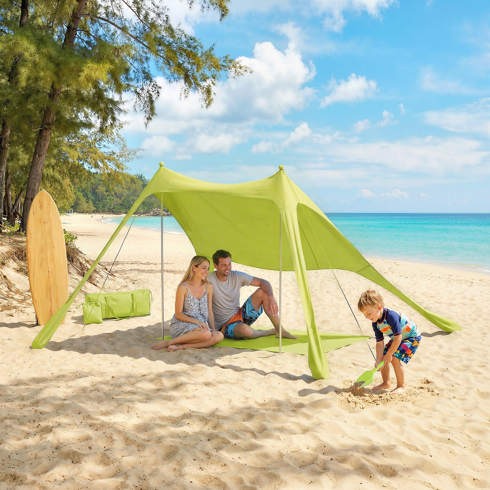 Tenda de praia dobrável com tapete upf50+ postes de alumínio pá estacas e bolsa de transporte 208x200 cm verde