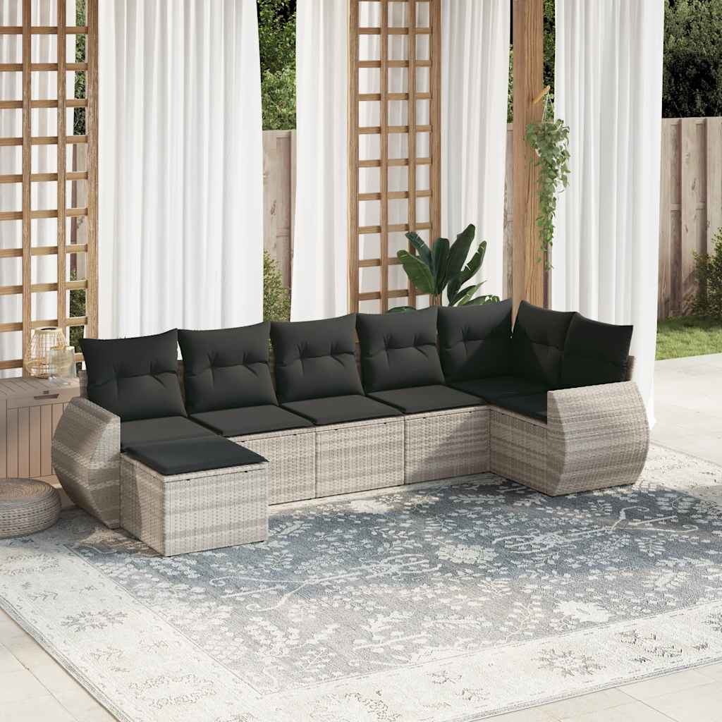 7 Pcs conj. sofás jardim com almofadões vime PE cinzento-claro