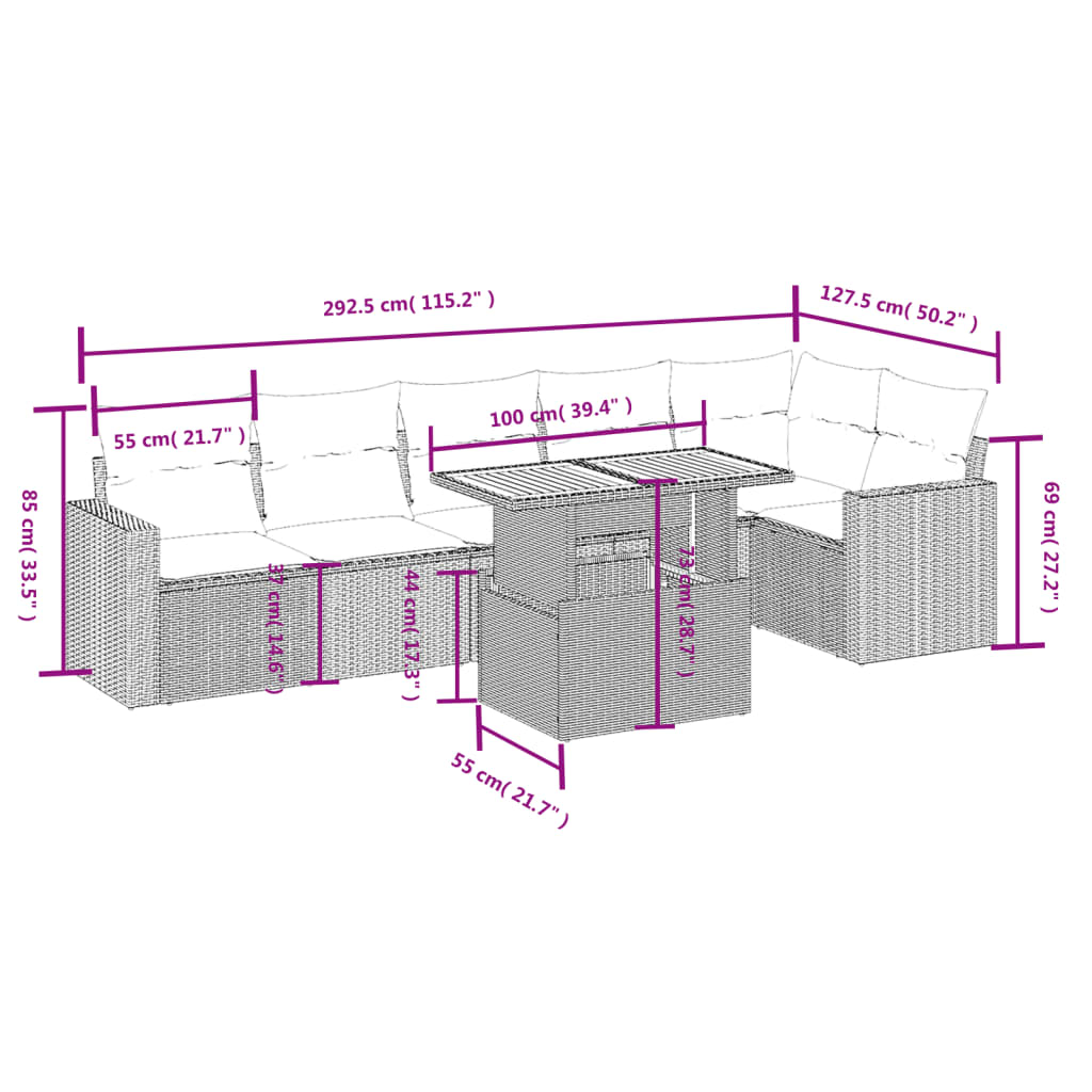 7 Pcs conjunto de sofás p/ jardim c/ almofadões vime PE preto