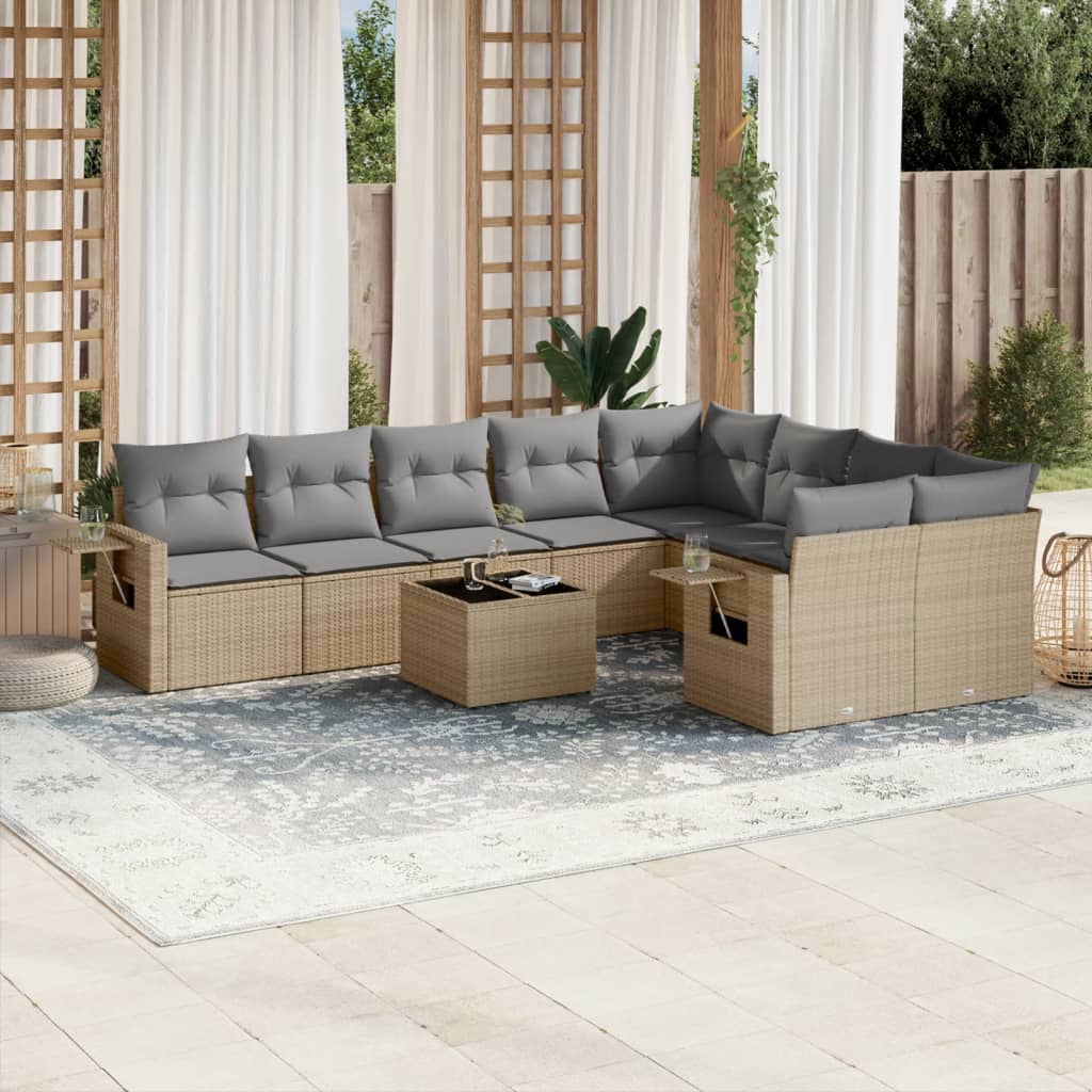 10 Pcs conjunto de sofás p/ jardim com almofadões vime PE bege