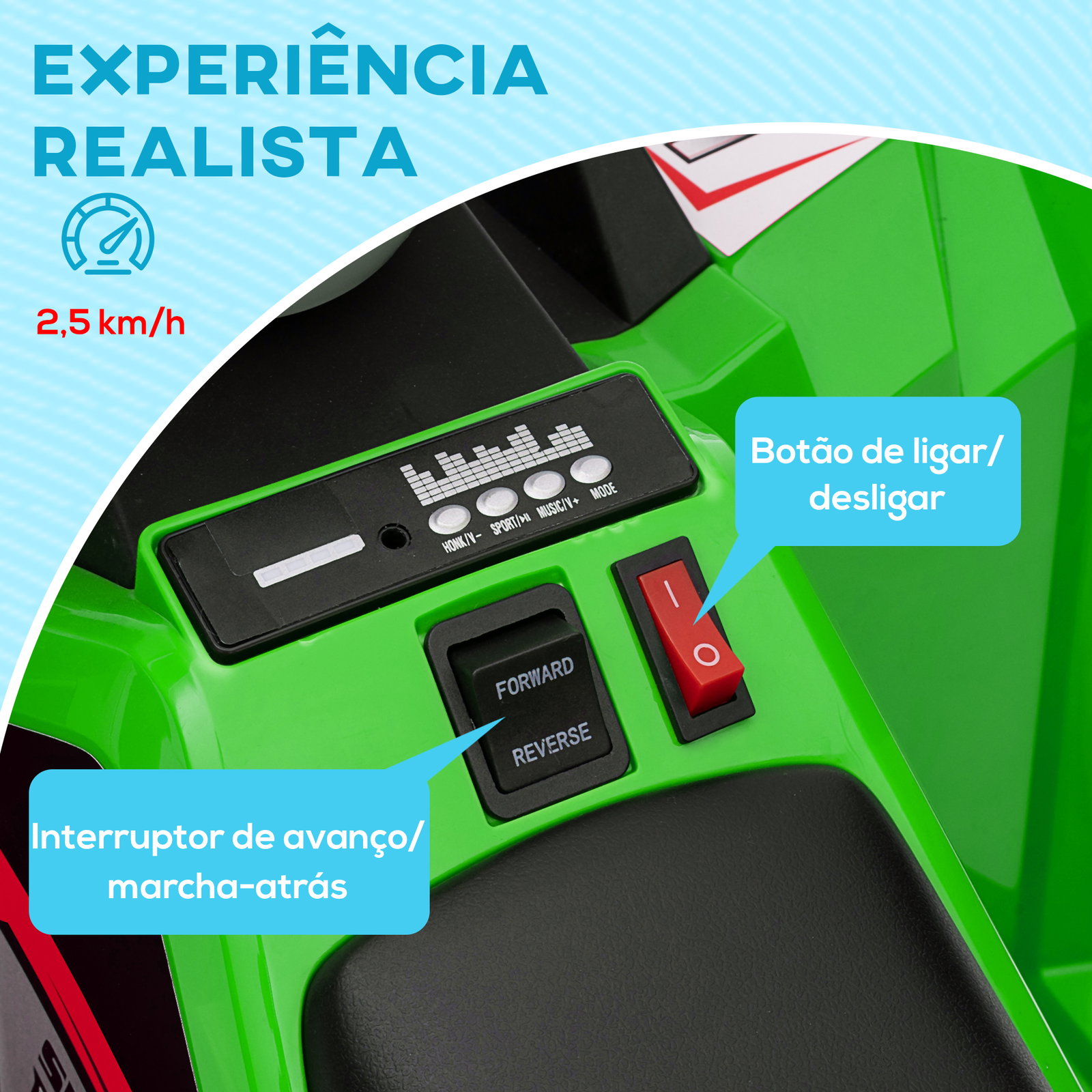 Quadriciclo elétrico para crianças veículo elétrico a bateria de 6v com velocidade de 2,5 km/h 70x41,5x48,5 cm verde