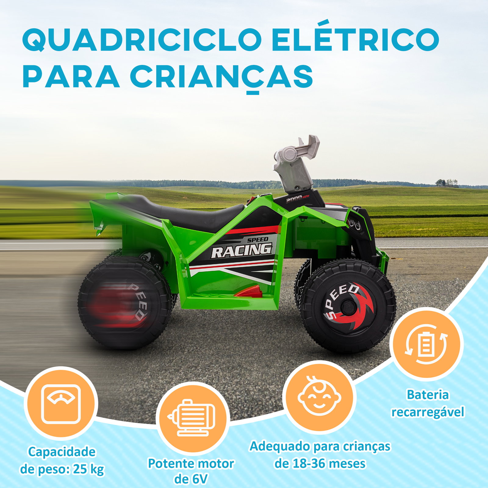 Quadriciclo elétrico para crianças veículo elétrico a bateria de 6v com velocidade de 2,5 km/h 70x41,5x48,5 cm verde