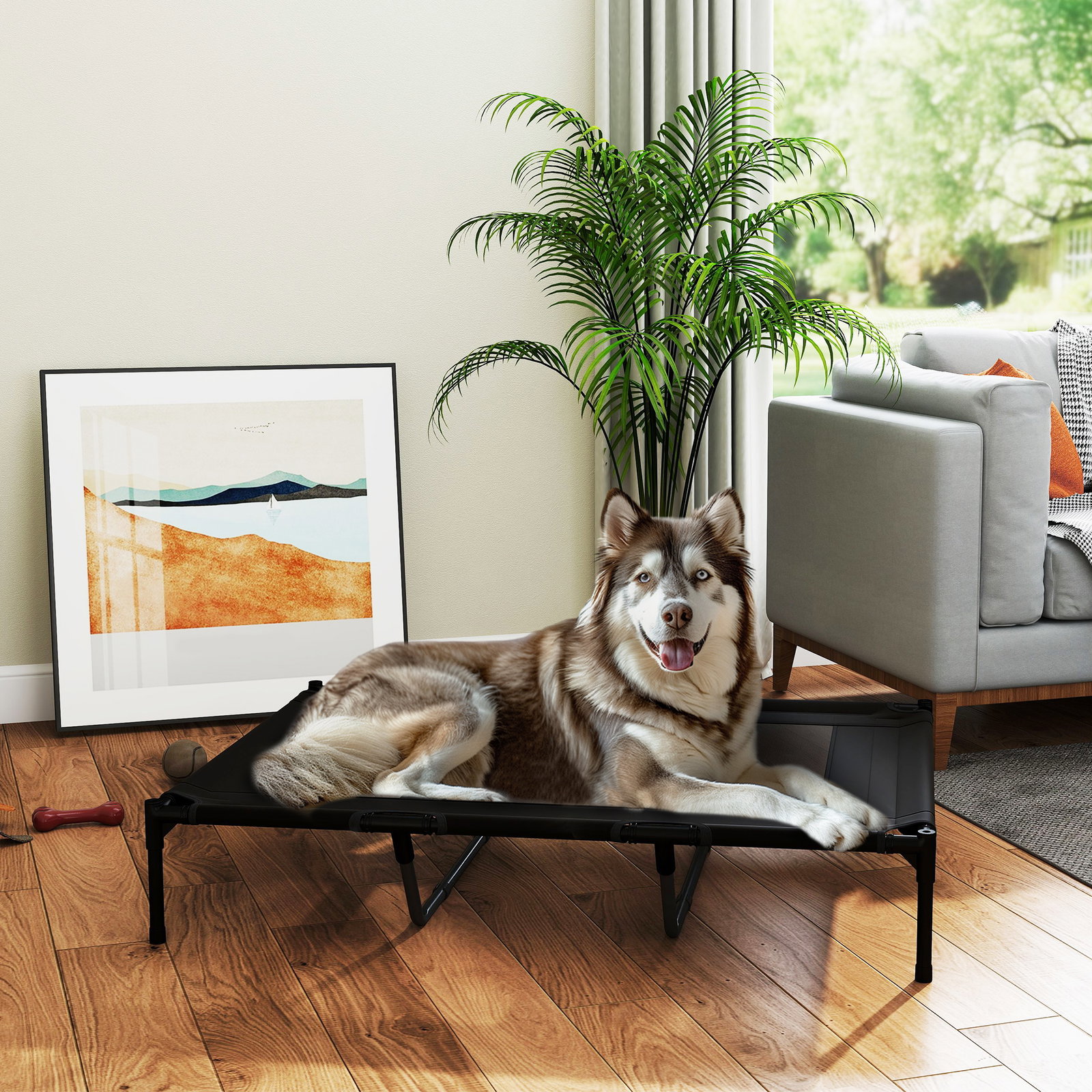 Cama elevada para cães com tecido transpirável para dormir relaxar cama para animais de estimação 122x92x23 cm preto
