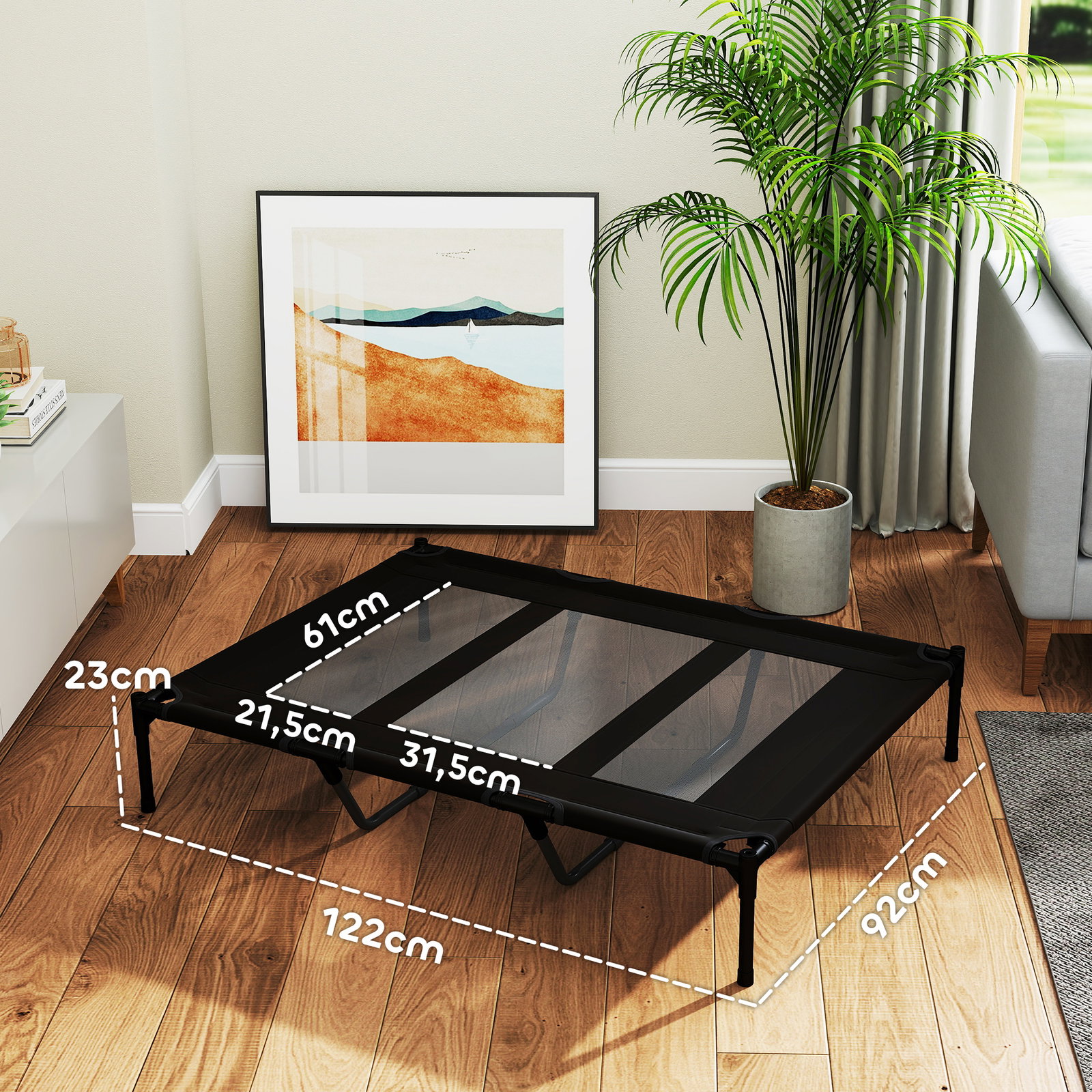 Cama elevada para cães com tecido transpirável para dormir relaxar cama para animais de estimação 122x92x23 cm preto