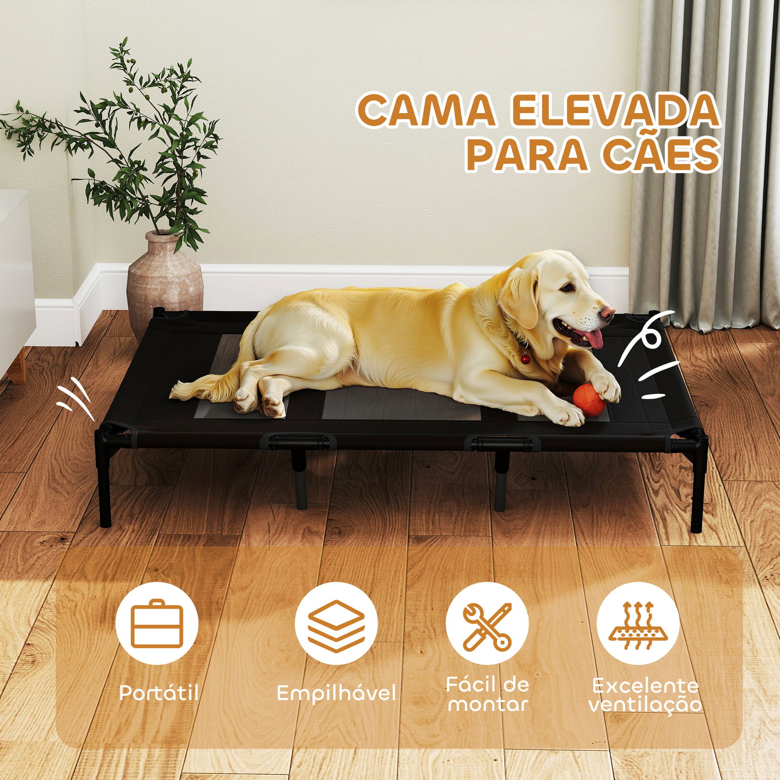 Cama elevada para cães com tecido transpirável para dormir relaxar cama para animais de estimação 122x92x23 cm preto