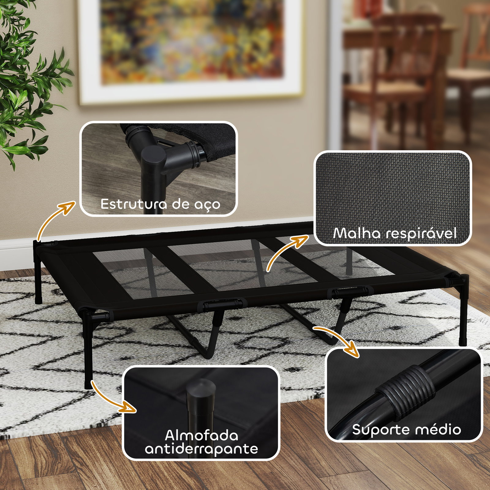 Cama elevada para cães com tecido transpirável para dormir relaxar cama para animais de estimação 122x92x23 cm preto