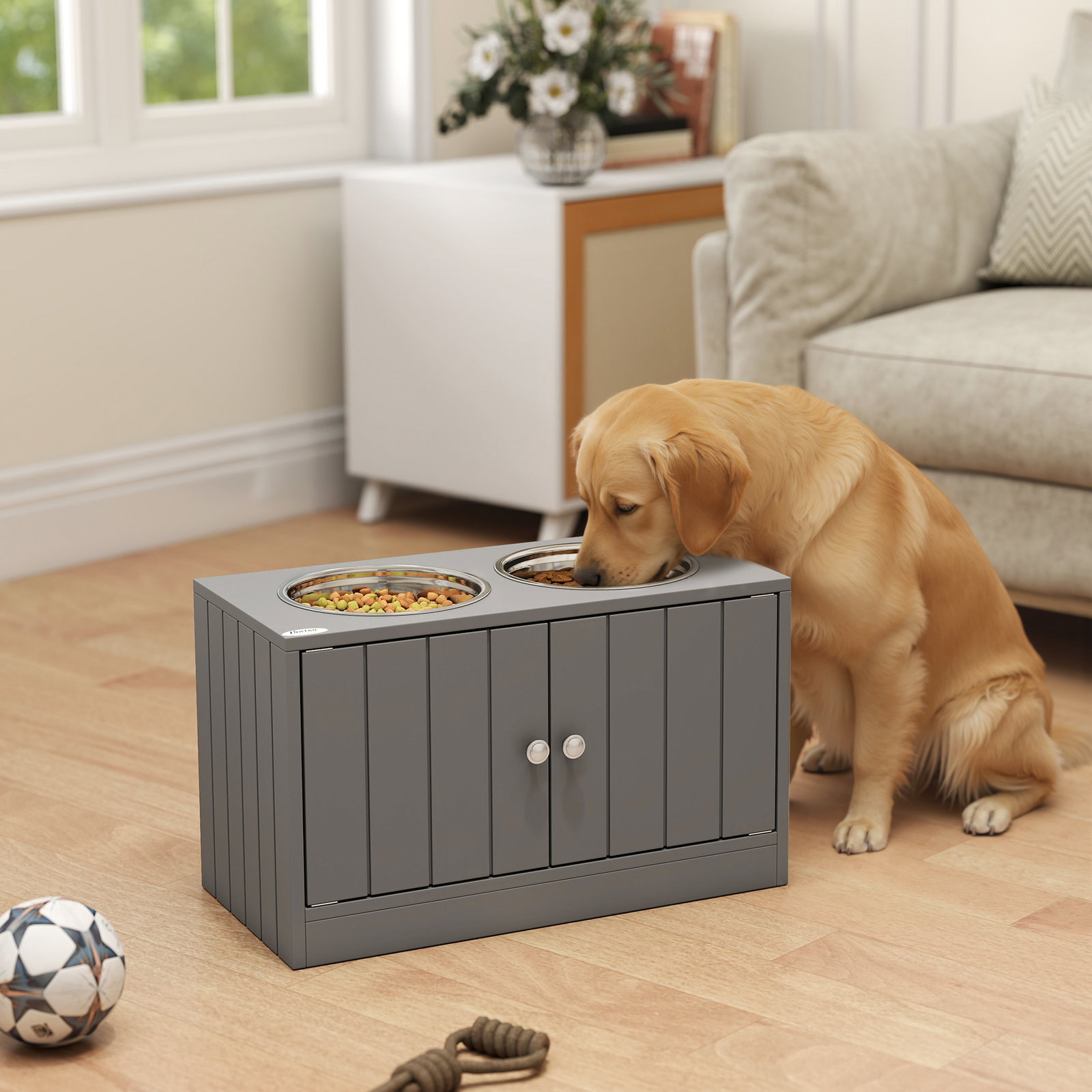 Comedouro elevado cinzento para cães grandes com 2 tigelas de 2l, 2 portas e arrumação, 60x30x35,5 cm