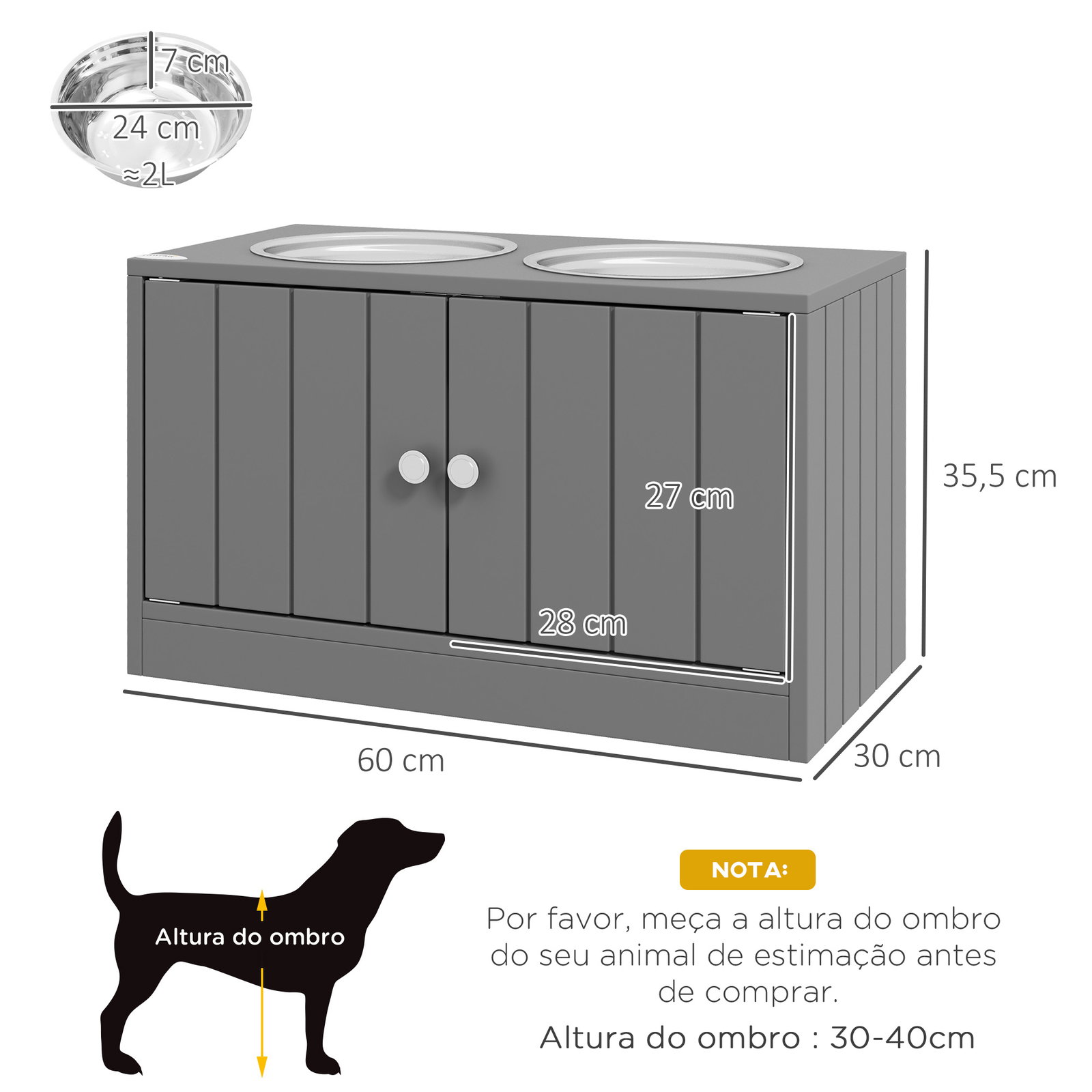 Comedouro elevado cinzento para cães grandes com 2 tigelas de 2l, 2 portas e arrumação, 60x30x35,5 cm