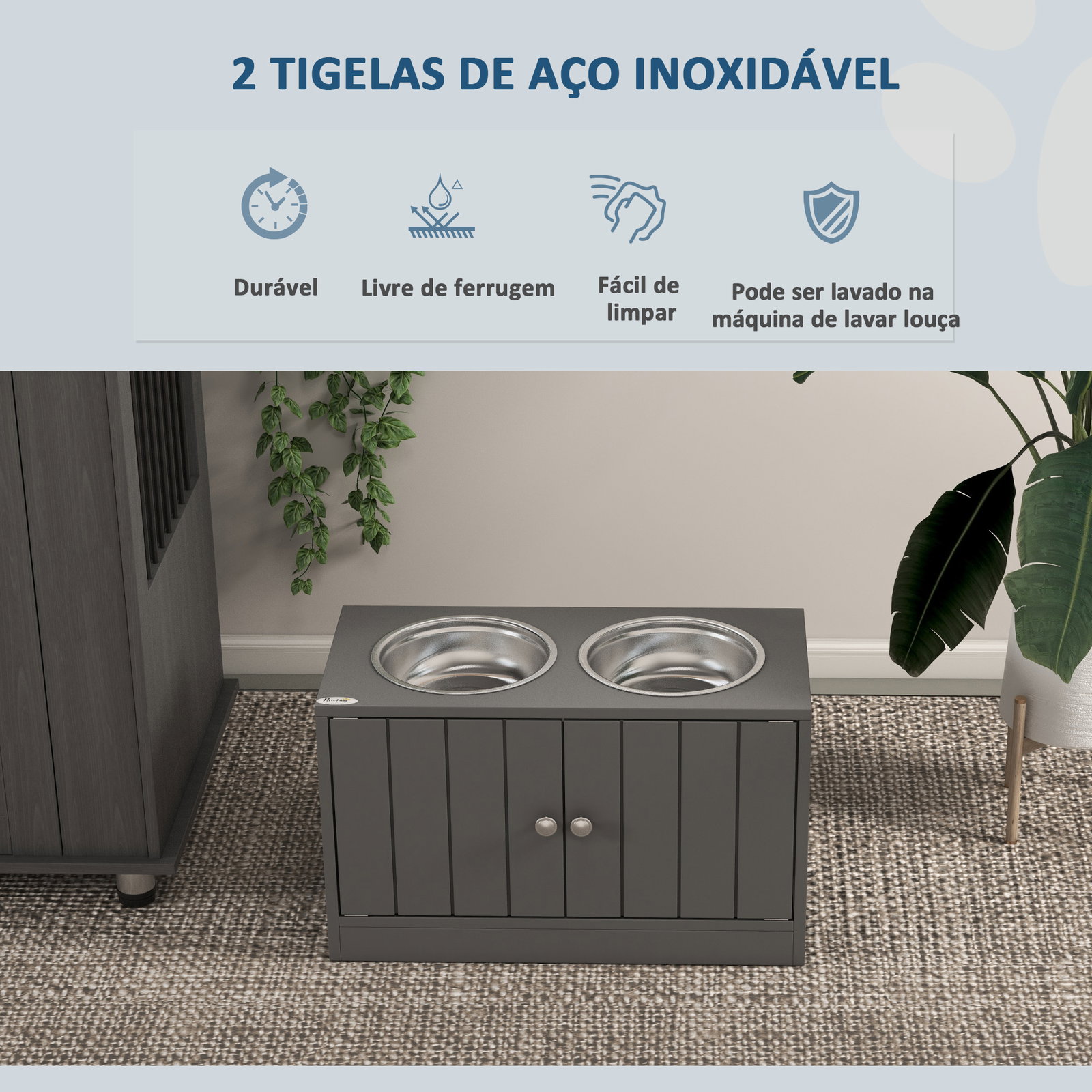 Comedouro elevado cinzento para cães grandes com 2 tigelas de 2l, 2 portas e arrumação, 60x30x35,5 cm