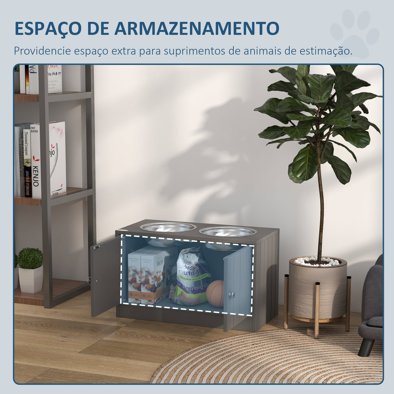 Comedouro elevado cinzento para cães grandes com 2 tigelas de 2l, 2 portas e arrumação, 60x30x35,5 cm