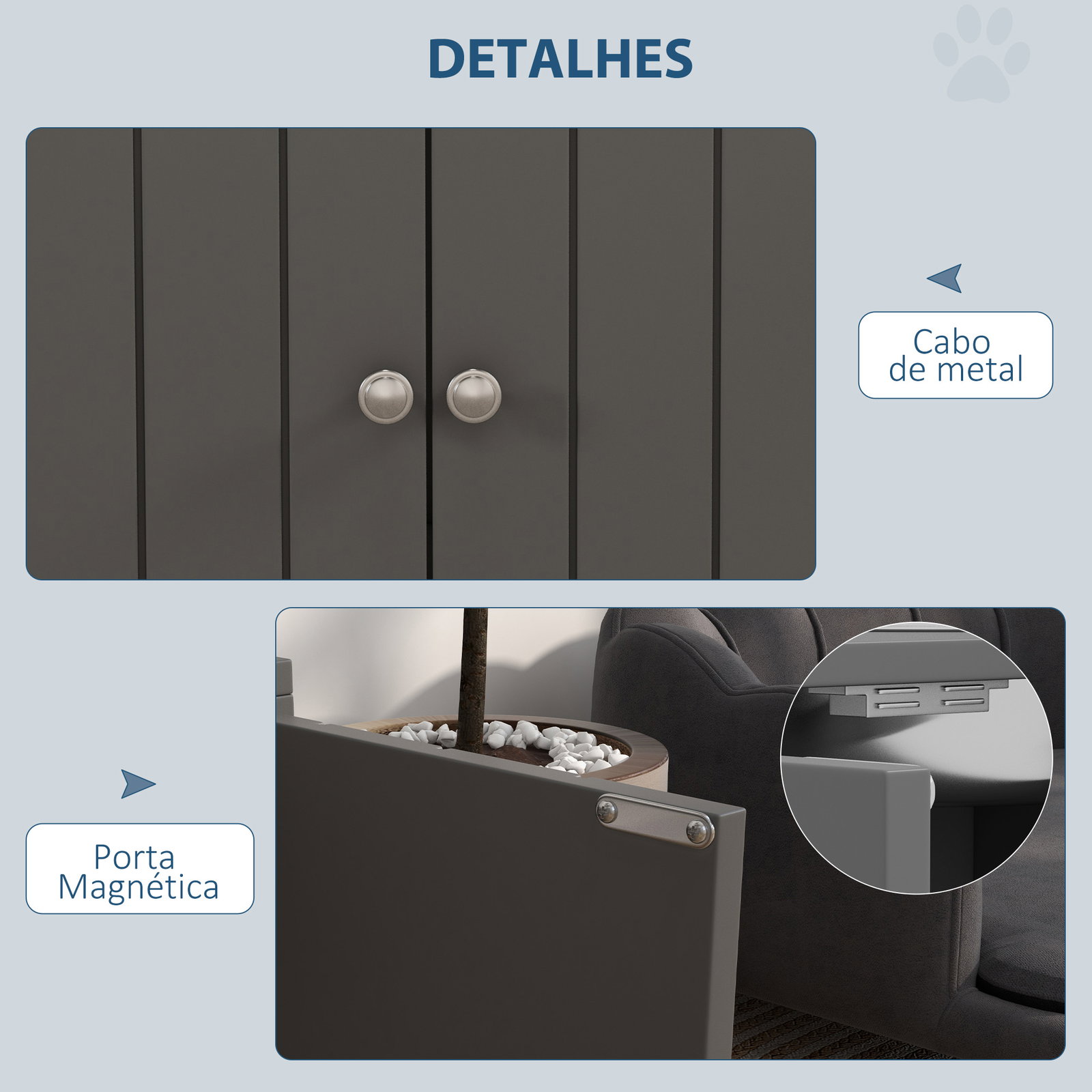 Comedouro elevado cinzento para cães grandes com 2 tigelas de 2l, 2 portas e arrumação, 60x30x35,5 cm
