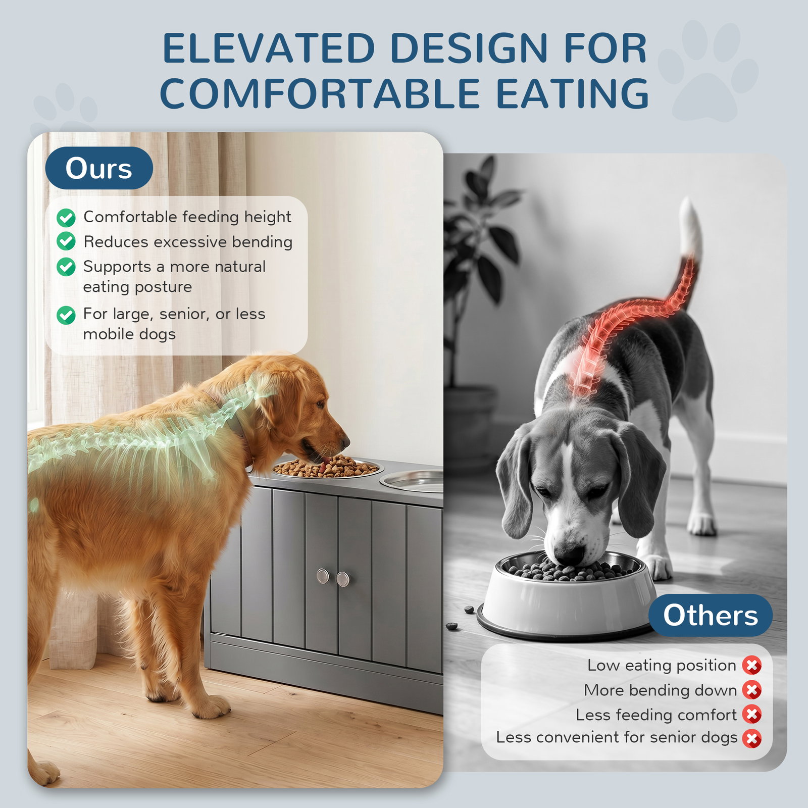 Comedouro elevado cinzento para cães grandes com 2 tigelas de 2l, 2 portas e arrumação, 60x30x35,5 cm