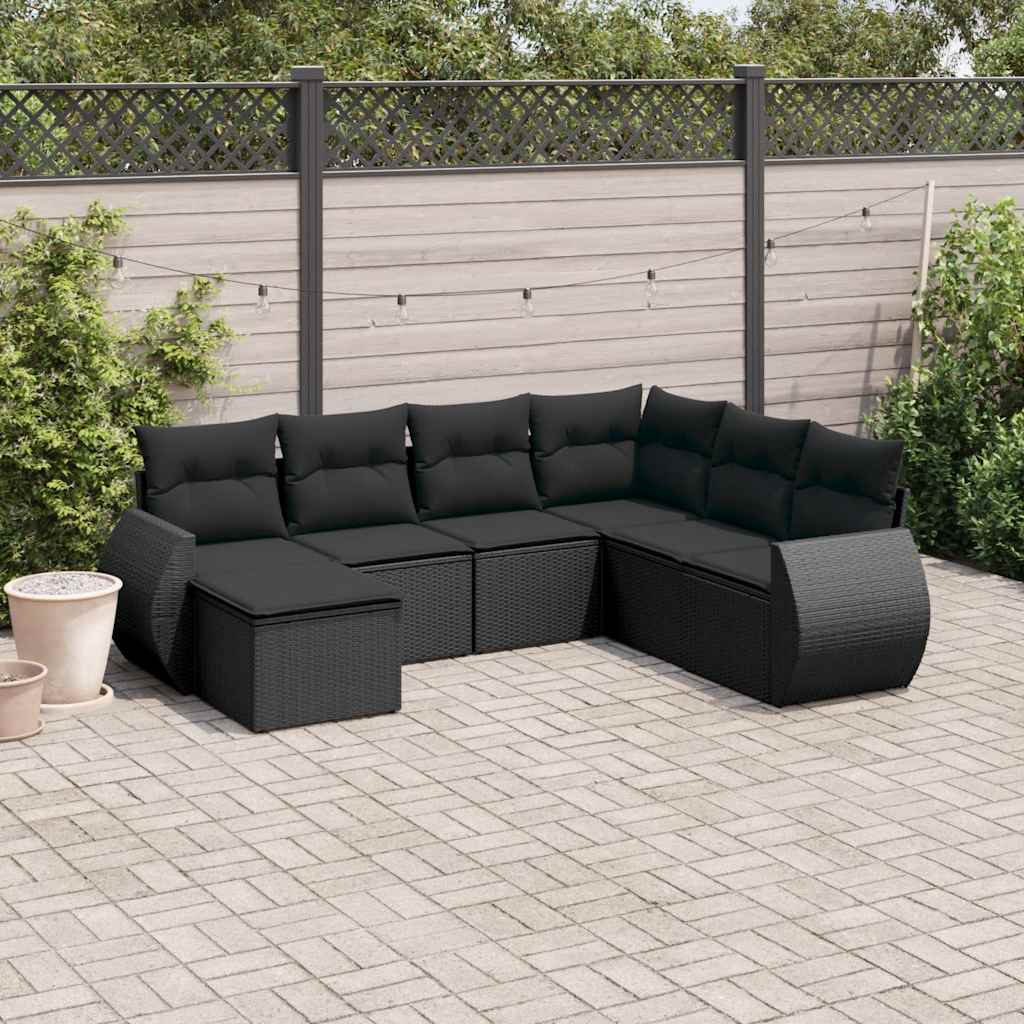 7 Pcs conjunto de sofás p/ jardim c/ almofadões vime PE preto