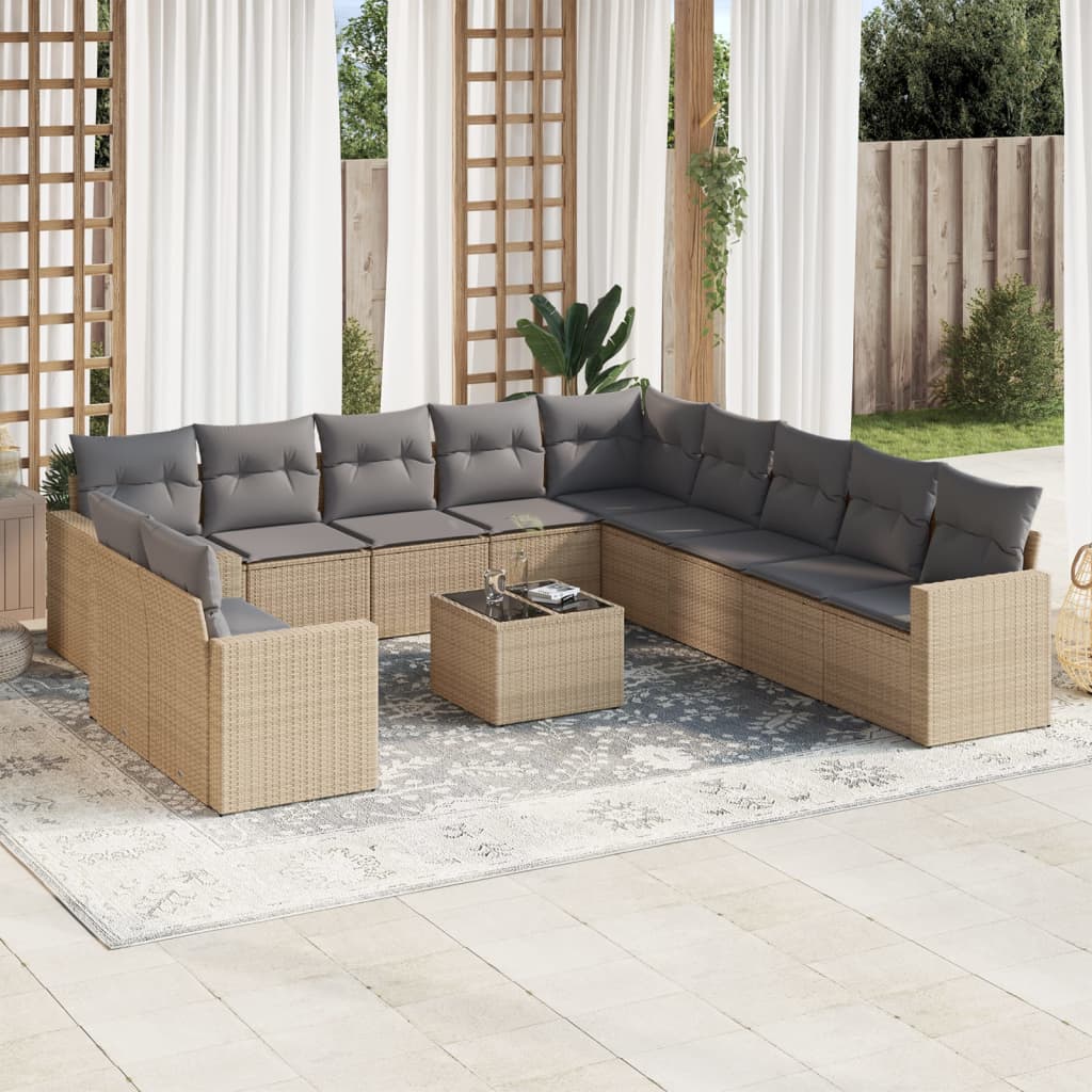 12 Pcs conjunto de sofás p/ jardim com almofadões vime PE bege