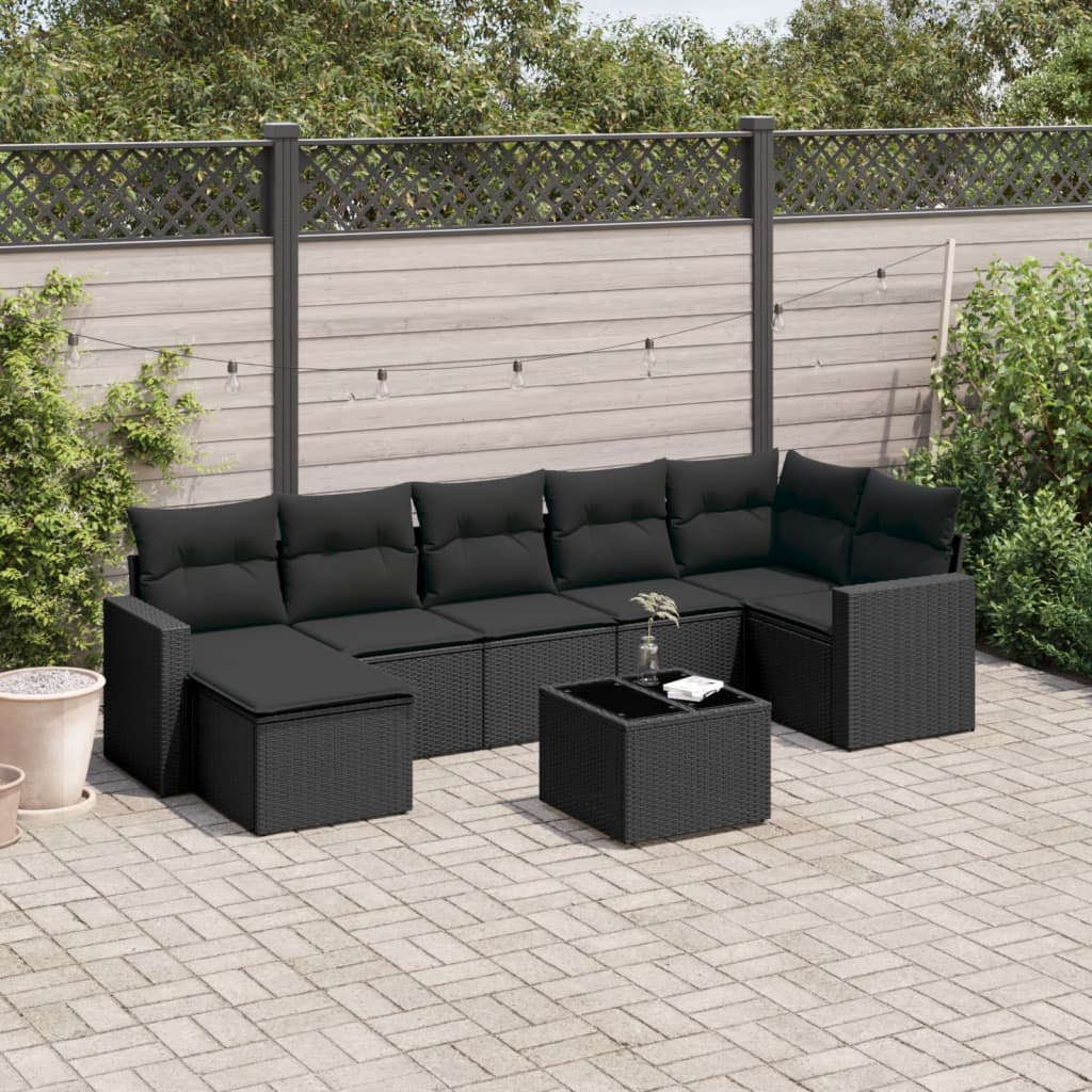8 Pcs conjunto sofás de jardim com almofadões vime PE preto