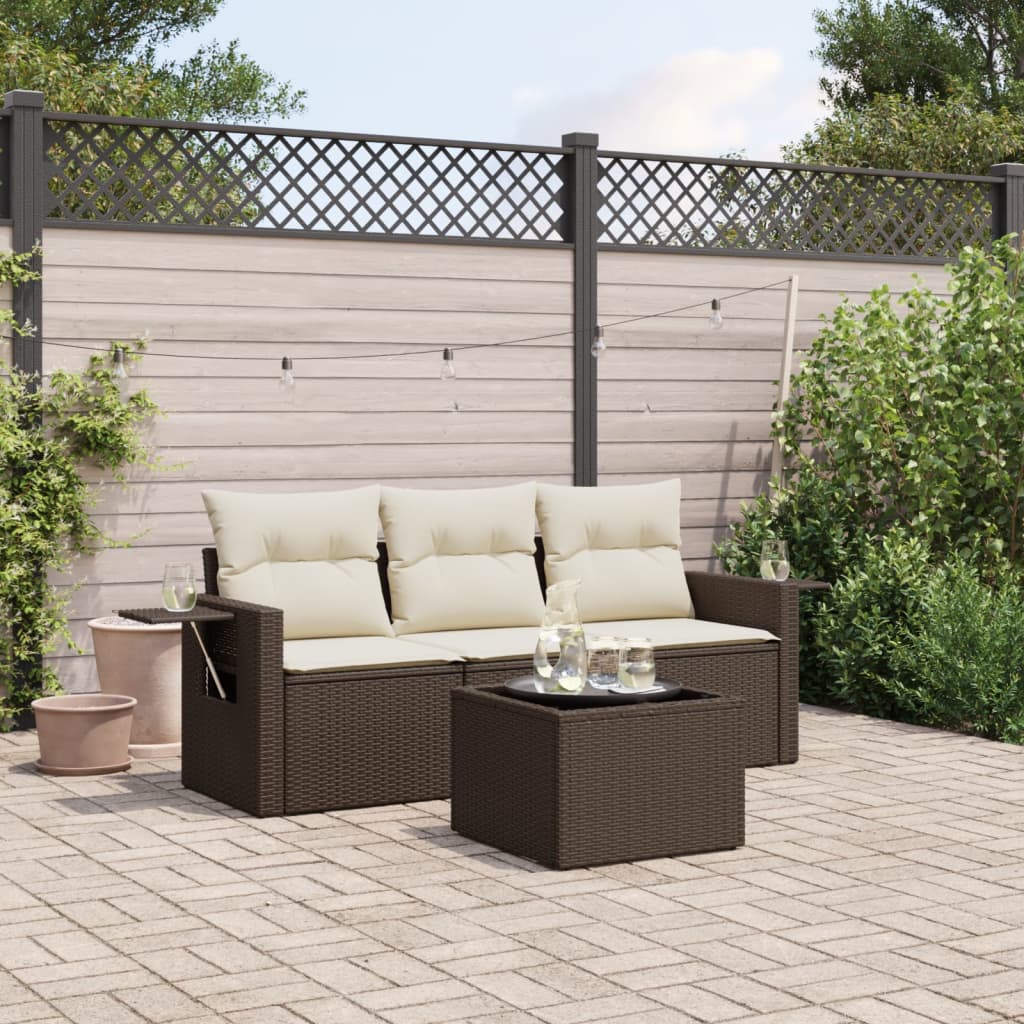 4 Pcs conjunto sofás de jardim c/ almofadões vime PE castanho