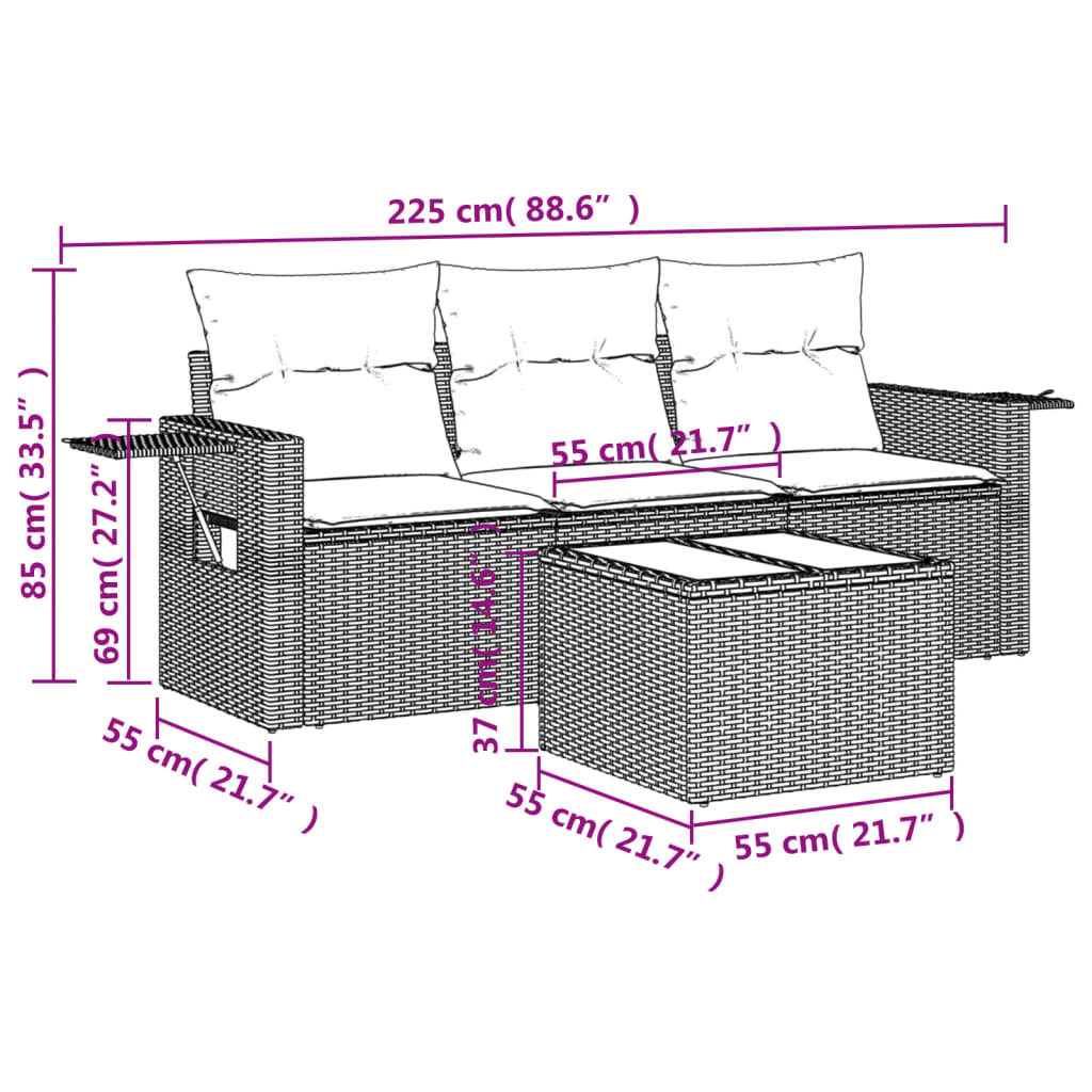 4 Pcs conjunto sofás de jardim c/ almofadões vime PE castanho