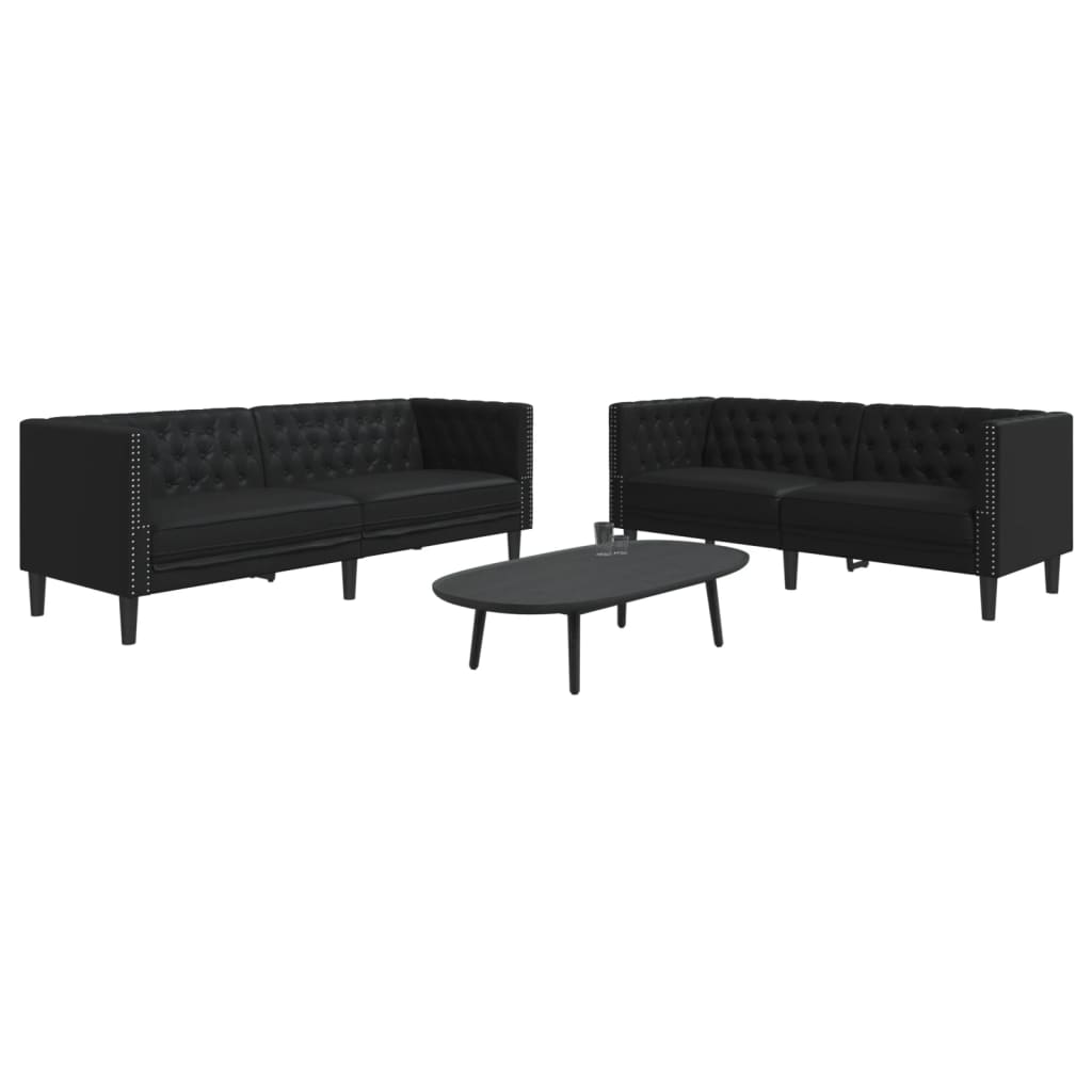 2 Pcs conjunto de sofás chesterfield couro artificial preto