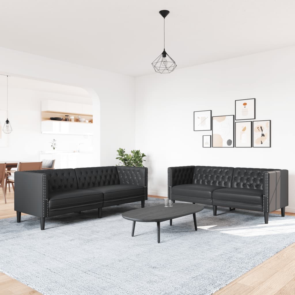 2 Pcs conjunto de sofás chesterfield couro artificial preto